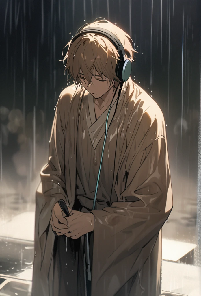 A man in his nineteen wearing a pastel brown gown listening to music from his headphone while being wet in the pouring rain