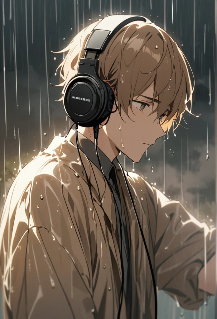 A man in his nineteen wearing a pastel brown gown listening to music from his headphone while being wet in the pouring rain