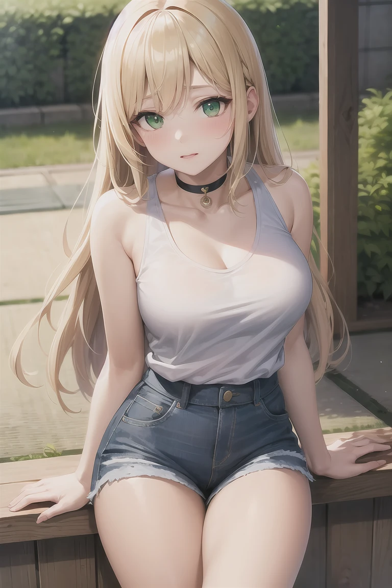 Masterpiece, best quality, Perfect lighting, Blonde Hair, choker, Green Eyes, Long Hair, White tank top, Denim shorts, Japanese ,blush, Have, break looking at viewer, break outdoors, Sexy pose,