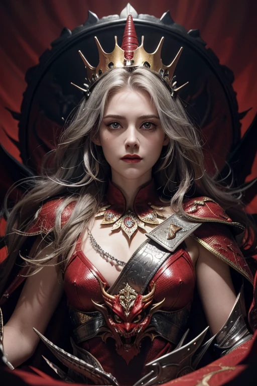 Solo, full-body photo, panorama, a female magician (Kristen Stewart, wearing a two-horned crown, long golden hair shawl, eye details depicted. Red eyes, silver scales armor, her cheeks have silver dragon scales and dragon decoration, looks natural and powerful, black eyeliner, her red lips look intimidating and majestic with a sharp and prominent chin, confident and majestic, red scales long cape, she looks like a mythical dragon, intimidating, dark red lipstick with tall figure, charming, charming, lust, mythical style, dragon scales, scales, evil), complex background (medieval fantasy style, burning castle, blood red sky), Facial Details (1.3) Eye Detail, Cinematic Lighting, Panorama, Projected Inset, UHD, Masterpiece, (Best Quality), (Best Illustration), (Best Shadow), Ccurate, Textured Skin, High Quality, High Details, Super Detail, Award Winning, Best quality, highres, anatomically correct, 8k, close-up, backlighting, metallic