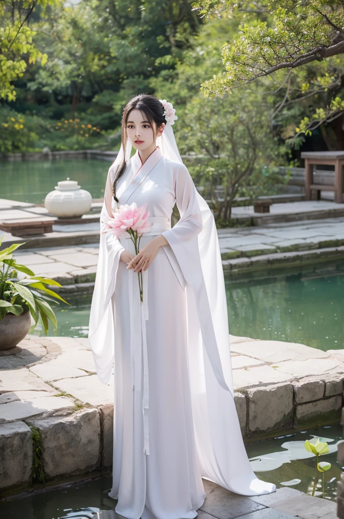 Wearing a white dress、Arav woman holding pink flowers, White Hanfu, palace , Girl wearing Hanfu, Hanfu, Wearing Chinese clothes, flowing white robe, Wearing Chinese clothing, Standing gracefully on the lotus, Wearing a flowing robe, Chinese traditional clothing, Wearing a robe, flowing white robe, Wearing a luxurious silk cape