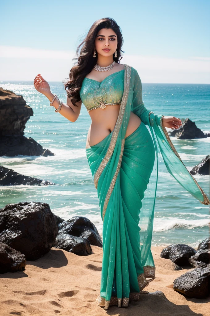 1 Heavenly beautiful and goddess beauty cute and sweet looking face Arabian woman in front of Glass Beach, California, Heavenly beautiful Overweight, Heavenly beautiful Extremely fat, Heavenly beautiful and attractive Chubby figure , Heavenly beautiful looking and eye catching luxury style saree , reaching out, Heavenly beautiful Arabian woman, 16k, High resolution, masterpiece, highest quality, fine skin, outside view, Realistic Photograph