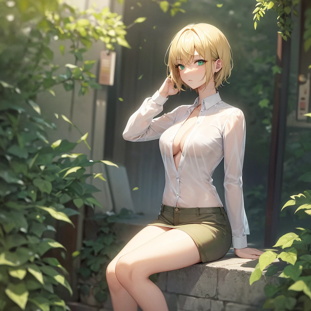 Green-eyed blonde woman with short hair and a semi-transparent shirt that shows her breasts