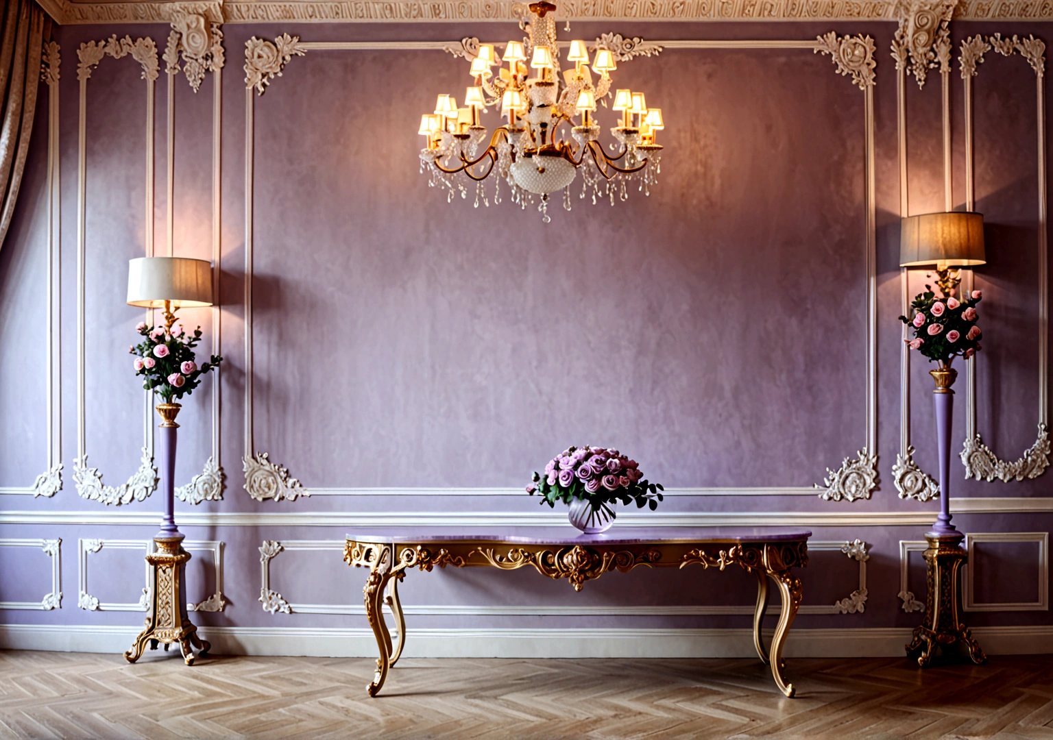 a luxurious and elegant european palace interior, a large decorative table, ornate rose floral wall decor, lavender wall paintings, a vintage floor lamp, bright and soft lighting, minimalist modern decor elements, straight-on view, extremely detailed, high resolution photography