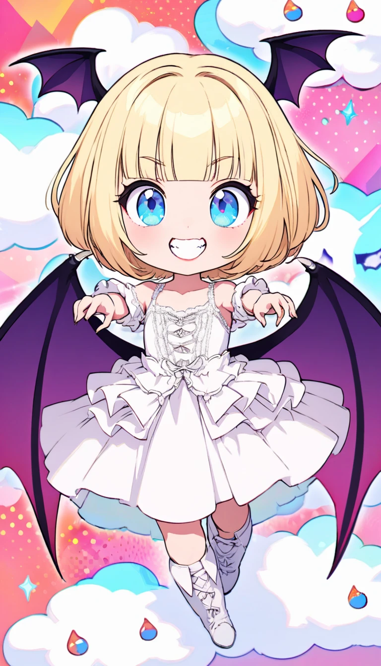 Highest quality, Super quality, 16K, Incredibly absurd, Very detailed, delicate and dynamic, Cute and beautiful cute vampire, Big Blue Eyes, Grin, Short blonde bob cut with bangs, Captivating look, Excited expression, She is wearing a white dress with white lace and frills, White short boots, Best body shape, Big purple wings like a devil or a bat, Red glossy lips, Background of white clouds and pastel colored dots, Pop Art