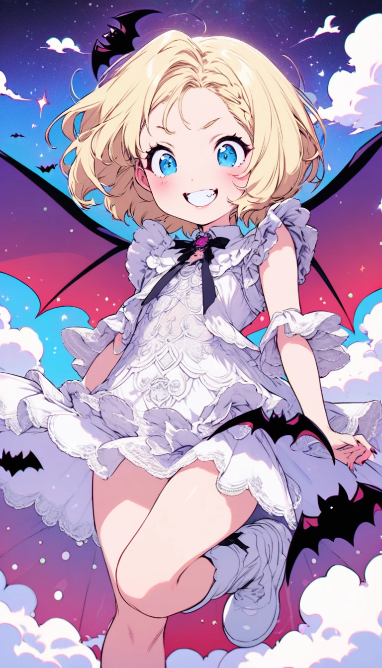 Highest quality, Super quality, 16K, Incredibly absurd, Very detailed, delicate and dynamic, Cute and beautiful cute vampire, Big Blue Eyes, Grin, Short blonde bob cut with bangs, Captivating look, Excited expression, She is wearing a white dress with white lace and frills, White short boots, Best body shape, Big purple wings like a devil or a bat, Red glossy lips, Background of white clouds and pastel colored dots, Pop Art
