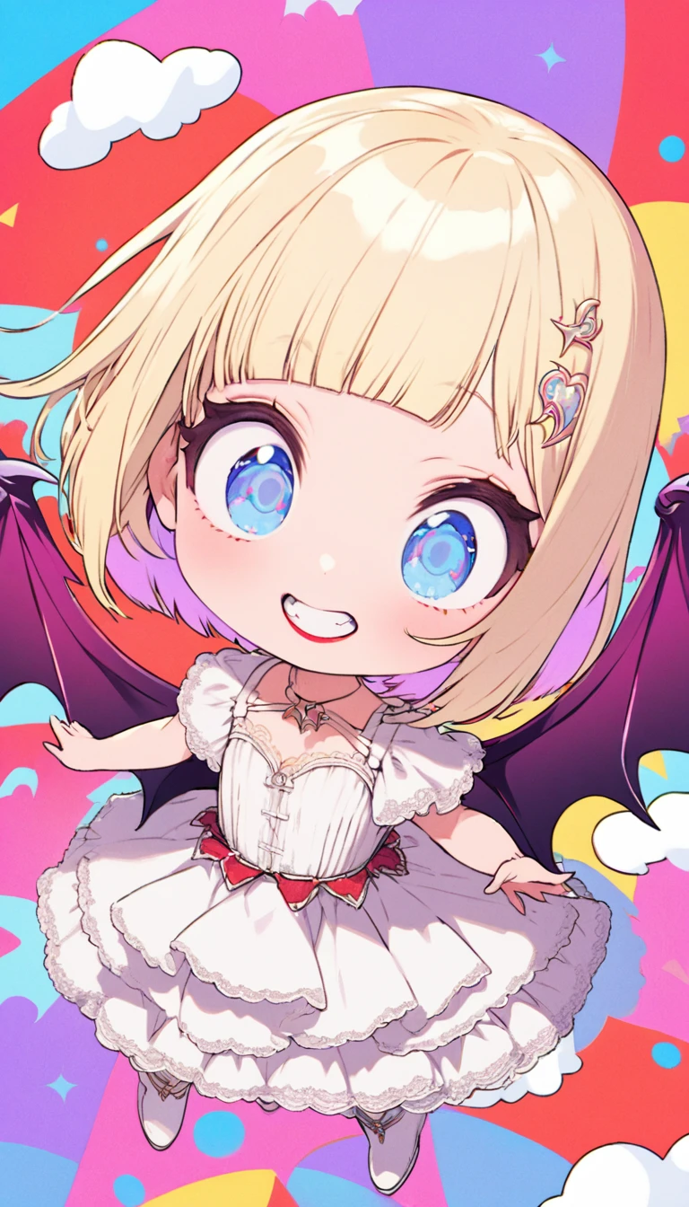 Highest quality, Super quality, 16K, Incredibly absurd, Very detailed, delicate and dynamic, Cute and beautiful cute vampire, Big Blue Eyes, Grin, Short blonde bob cut with bangs, Captivating look, Excited expression, She is wearing a white dress with white lace and frills, White short boots, Best body shape, Big purple wings like a devil or a bat, Red glossy lips, Background of white clouds and pastel colored dots, Pop Art