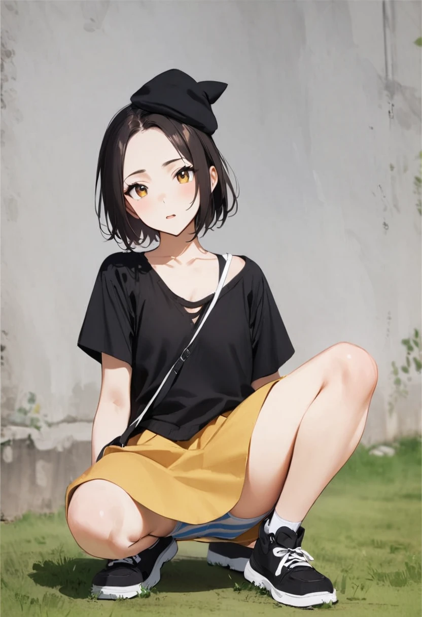 squatting,open legs、Legs2Book、Striped panties、M-shaped legs、Spread your legs、Sit on a vinyl seat、garden、Black Cap、Shoulder bag、Beige cotton mini skirt、Black shirt with shoulders、Black sneakers、Girl、Girl、Younger、Baby Face、flat chest、forehead、Dynamic Angle、looks fun、ground
