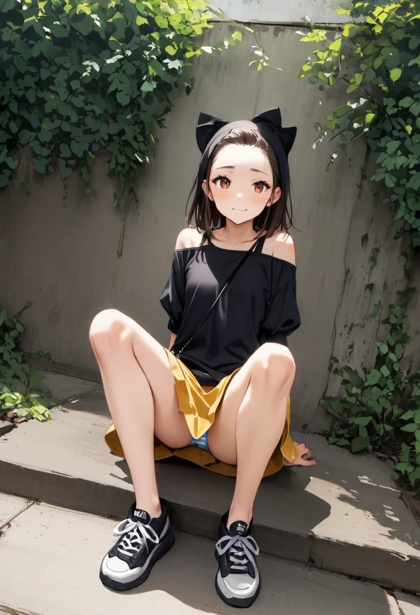 squatting,open legs、Legs2Book、Striped panties、M-shaped legs、Spread your legs、Sit on a vinyl seat、garden、Black Cap、Shoulder bag、Beige cotton mini skirt、Black shirt with shoulders、Black sneakers、Girl、Girl、Younger、Baby Face、flat chest、forehead、Dynamic Angle、looks fun、ground