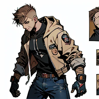 Human Male 21 year old, clear skin , Brown fade haircut, Dark pupils, wearing hoodie,wearing Pants , wearing Denim Jacket , wearing fighting gloves , Concept art, manga Style ,