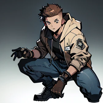 Human Male 21 year old, clear skin , Brown fade haircut, Dark pupils, wearing hoodie,wearing Pants , wearing Denim Jacket , wearing fighting gloves , Concept art, manga Style ,