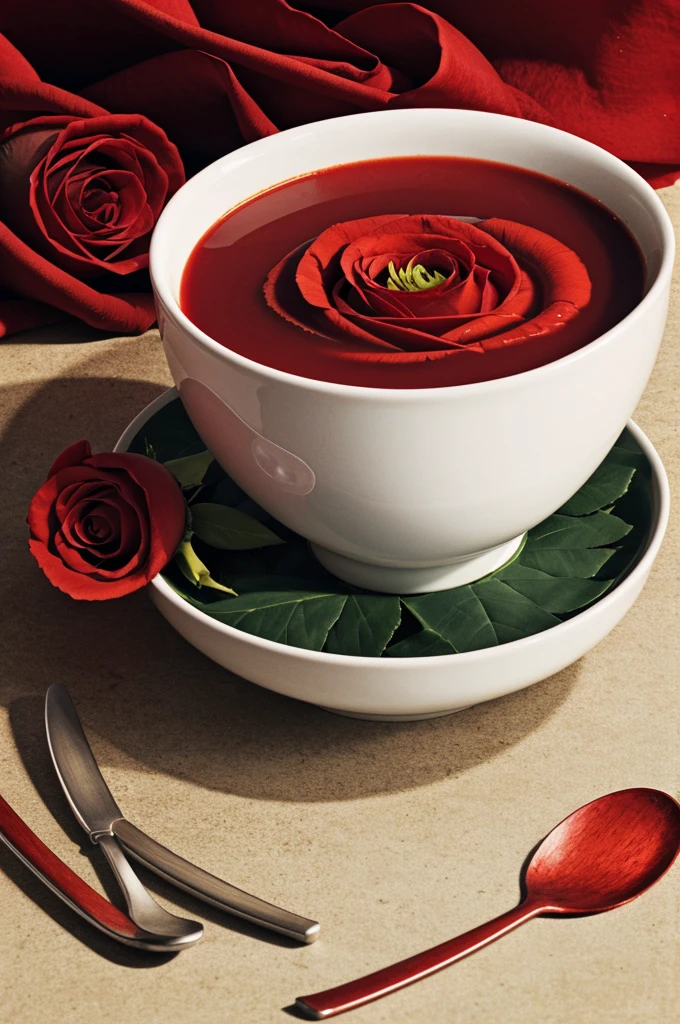 Drawing of a red rose petal soup, with a background of a solid color that contrasts with the drawing