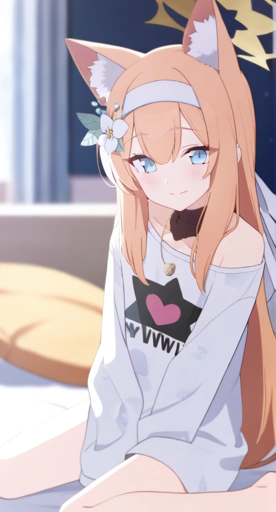 1girl
mari \(blue archive\)
bare legs, blue eyes, blush, fox ears, fox girl, from above, hair between eyes, halo, hand between legs, heart print, indoors, long hair, looking at viewer, looking up, necklace, off shoulder, on bed
newest, pillow, shirt, bare shoulders, smile, window, between legs, closed mouth, wariza, animal ear fluff, bed, clothes writing, solo, blue hair, depth of field, blurry, animal ears, blurry background, very long hair, jewelry, heart, sitting, white shirt, print shirt,
absurdres, highres, sensitive