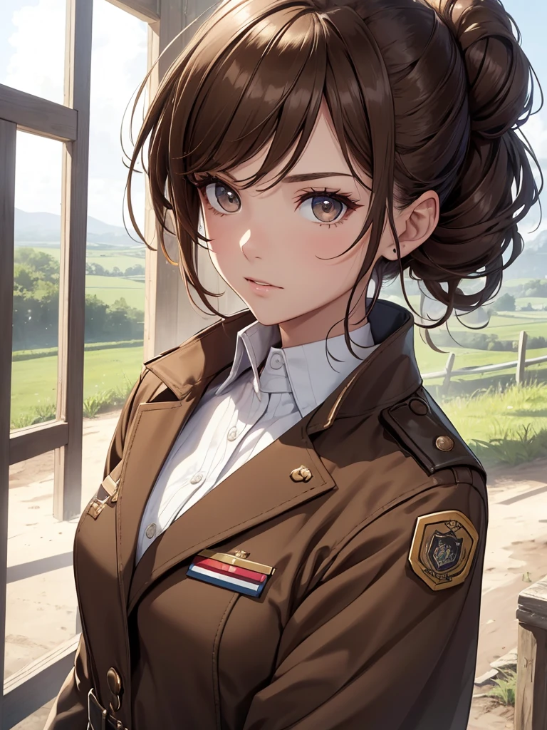 (8K, Best Quality, Masterpiece, Ultra High Resolution) 1 Girl, Woman, Beautiful Eyes, Face Details, Brunette Hair, Messy Hair Bun, Brown Eyes, Pale Skin, Tan Colored Military Uniform, Tan Jacket, White Fitted Shirt, White Pants, Brown Leather Boots, Military Badge, Outside, Dirt Road, Countryside, Best Quality, Upper Body, Looking at the Viewer, Facing Viewer, Close Up