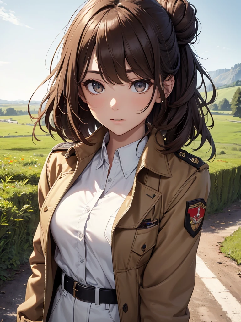 (8K, Best Quality, Masterpiece, Ultra High Resolution) 1 Girl, Woman, Beautiful Eyes, Face Details, Brunette Hair, Messy Hair Bun, Brown Eyes, Pale Skin, Tan Colored Military Uniform, Tan Jacket, White Fitted Shirt, White Pants, Brown Leather Boots, Military Badge, Outside, Dirt Road, Countryside, Best Quality, Upper Body, Looking at the Viewer, Facing Viewer, Close Up