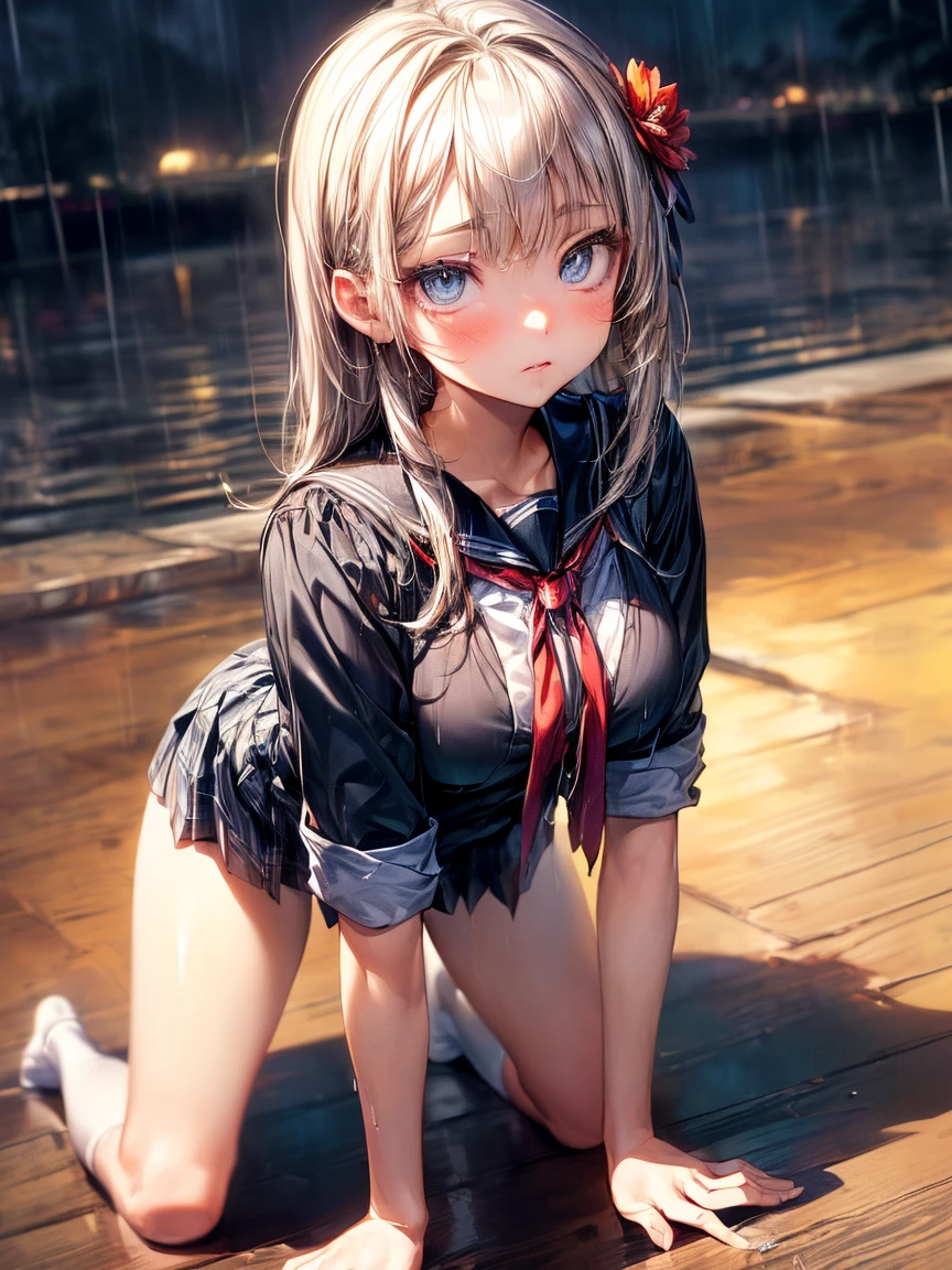 (High School Uniform:1.5)、(Spread your legs)、(Rich color expression)、(Big Breasts)、8K resolution、 masterpiece、((Highest quality))、Anatomically correct、The girl is alone、(I narrowed my eyes a little..:2)、(Flower Hair Ornaments)、(tie)、(ribbon)、((Hasselblad Photos))、[:(Detailed face:1.2):0.2]、(On all fours)、(heavy rain)