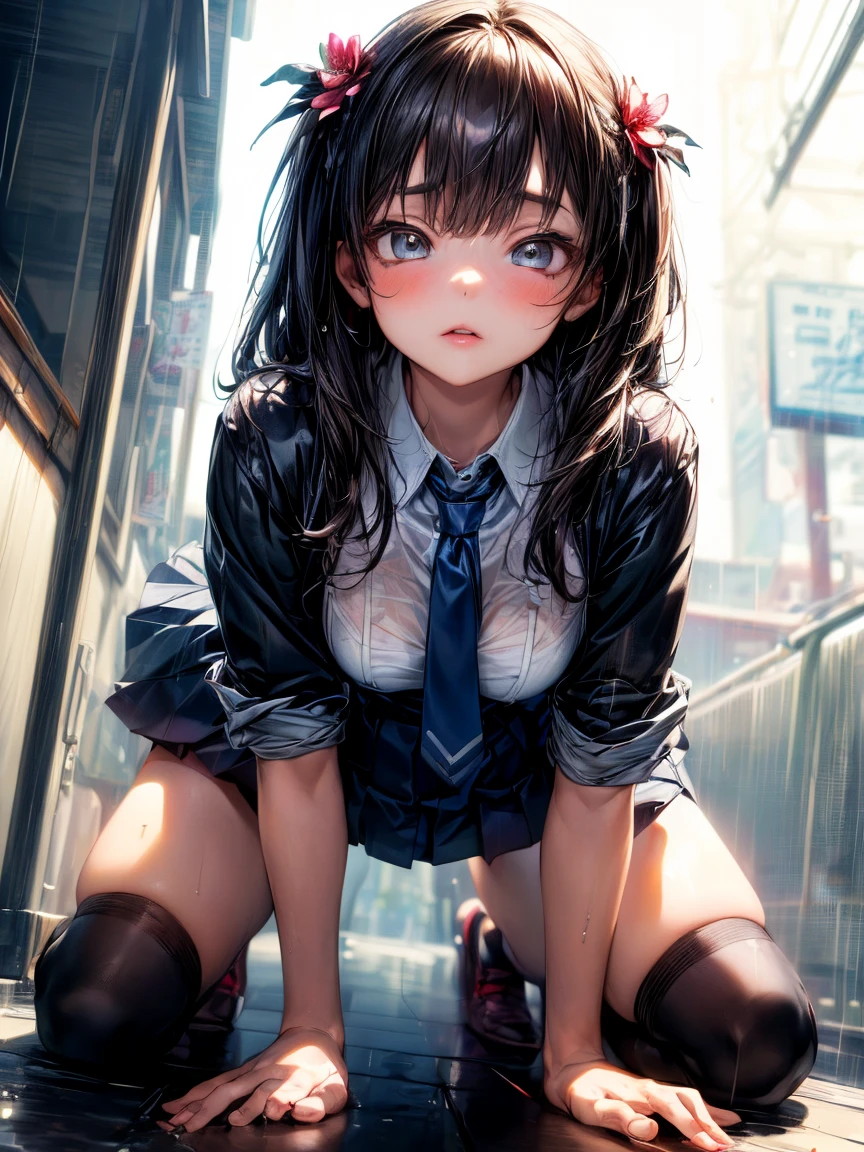 (High School Uniform:1.5)、(Spread your legs)、(Rich color expression)、(Big Breasts)、8K resolution、 masterpiece、((Highest quality))、Anatomically correct、The girl is alone、(I narrowed my eyes a little..:2)、(Flower Hair Ornaments)、(tie)、(ribbon)、((Hasselblad Photos))、[:(Detailed face:1.2):0.2]、(On all fours)、(heavy rain)