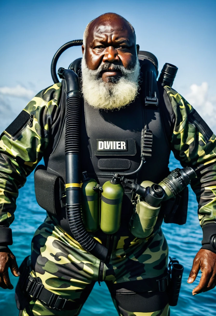 (a dark-skinned bearded fat old man in a bulky camouflage zipper diver suit and heavy scuba gear), shooting with a gun, muscular, Bruce Onobrakpeya, sumatraism, stanley artgermm, action, a character portrait, heroic, fierce, furious