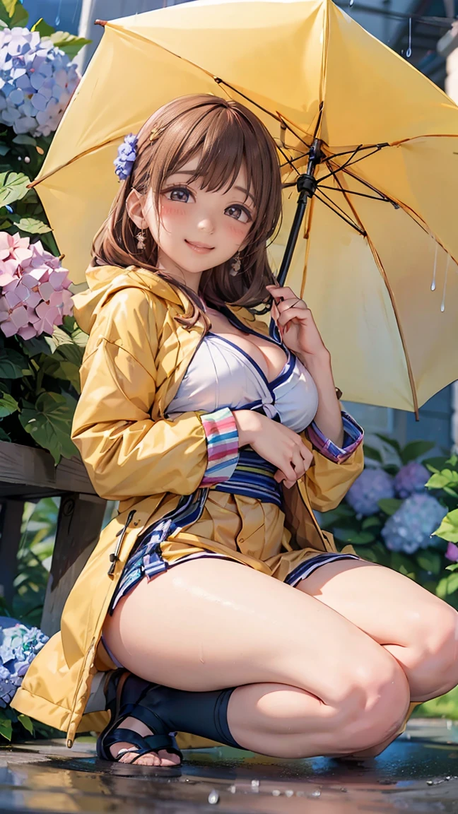 ((((highest quality)))), (((Ultra-precision CG 16K))), (((masterpiece))), (((Very detailed))), (((Extremely detailed))), (((Black outline:1.3, Written boundary depth:1.3 , Written soft outline))), Blur, Bokeh, Maximum clarity and sharpness,Multilayer Texture, Surface Shading, Cinematic lighting, Beautiful details sparkle ,Perfect Proportions, Limited to three woman, BREAK accurate, Anatomically correct, Highly detailed face and skin texture, drawn in detail, Highly detailed facial and skin texture, Detailed eyes, beautiful hair, Beautiful Japanese Idol face, Beautiful and beautiful eyes, Beautiful body, Beautiful breasts, Beautiful thighs, Beautiful legs, Beautiful fingers, (Beautiful views) , skinny body, ((Beautiful Skin)), ((Skin Texture)) BREAK breast enlarged, large Breasts, rocket breasts, slender waist, (blush, smiling:1.3,) BREAK (((yellow raincoat:1.3 , garly fashion ))) , wearing earrings, BREAK ((( a girl hold on umbrella , rainbow, sunny rain , hydrangeas, frog, stick breast out))),(serious, full body shot, long shot , from front:1.3 , from below:1.3,),