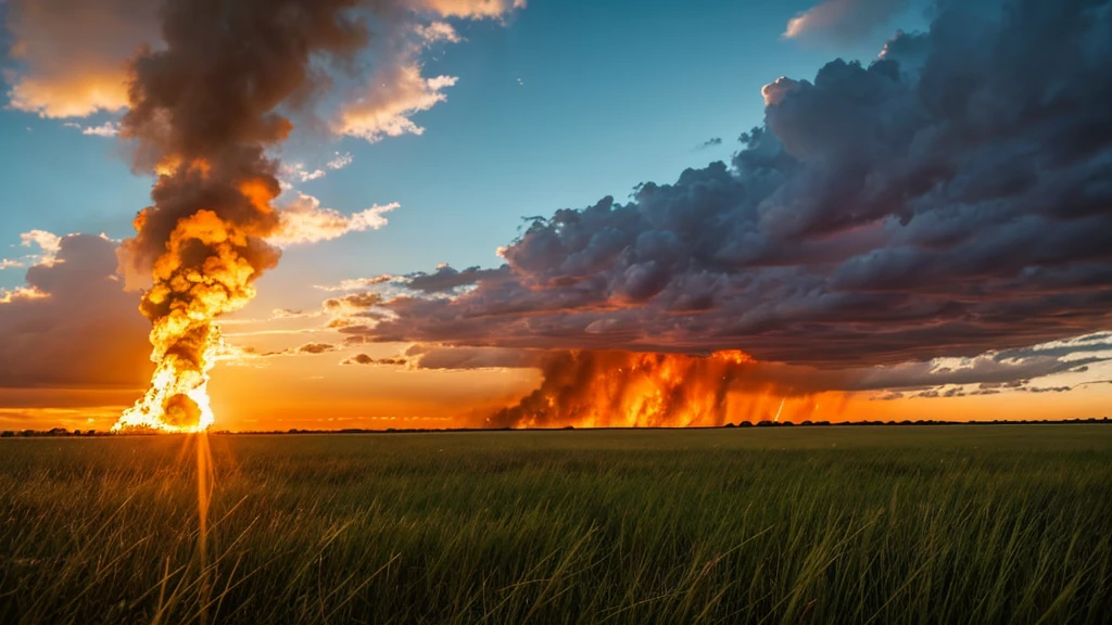 grassy field, sky with fire raining down
