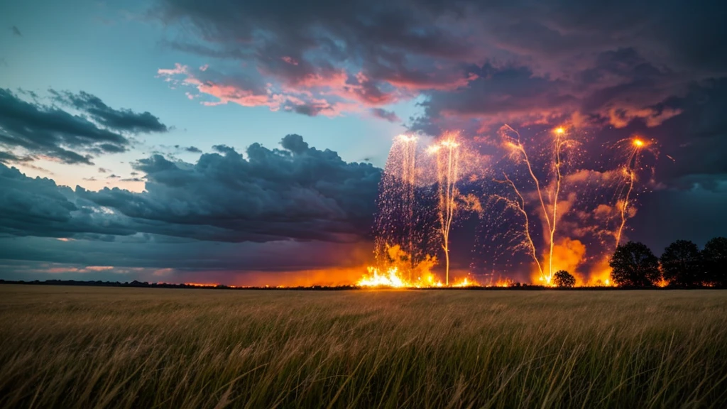 grassy field, sky with fire raining down