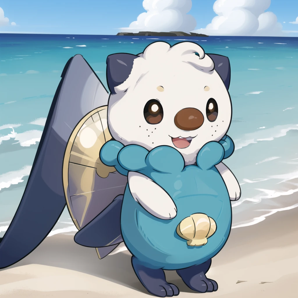 oshawott, furry, chibi, black eyes, solo, seashell, body fur, (best quality), beach background, detailed fluffy fur, looking at viewer, whiskers, smile, nose, (tail:1.1), 