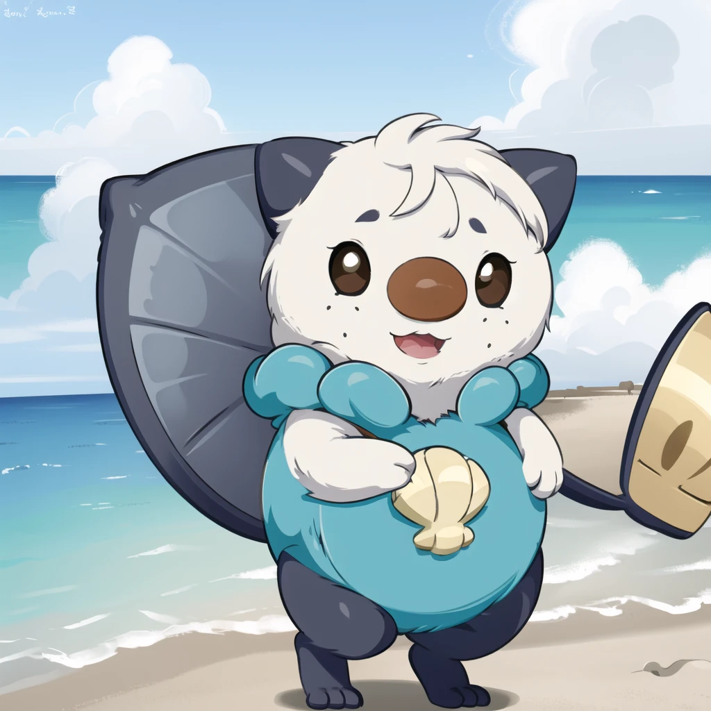 oshawott, furry, chibi, black eyes, solo, seashell, body fur, (best quality), beach background, detailed fluffy fur, looking at viewer, whiskers, smile, nose, (tail:1.1), 