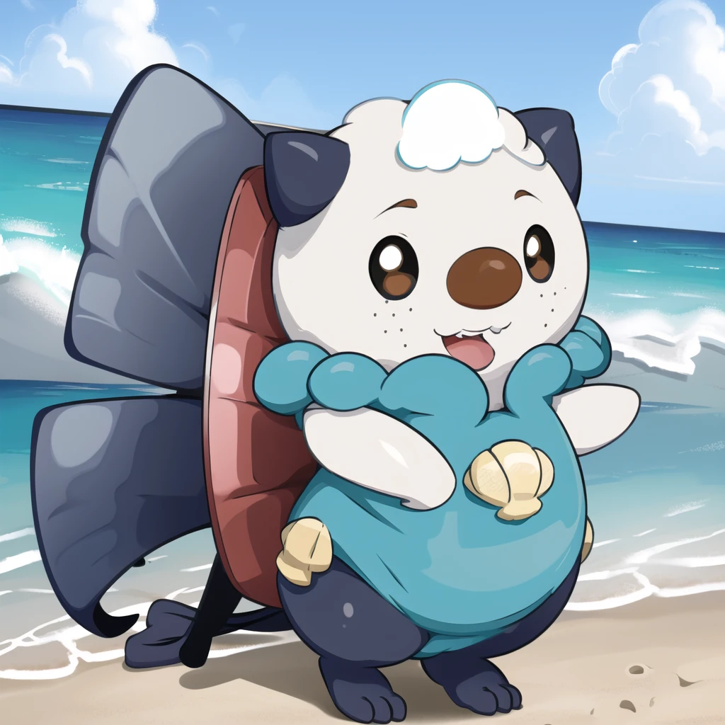 oshawott, furry, chibi, black eyes, solo, seashell, body fur, (best quality), beach background, detailed fluffy fur, looking at viewer, whiskers, smile, nose, (tail:1.1), 