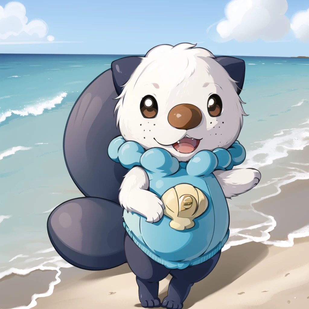 oshawott, furry, chibi, black eyes, solo, seashell, body fur, (best quality), beach background, detailed fluffy fur, looking at viewer, whiskers, smile, nose, (tail:1.1),