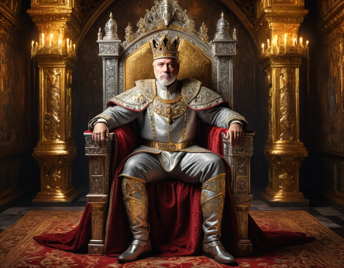 a king on an ornate throne, highly detailed, intricate gold, silver, and jewel-encrusted throne, regal attire, majestic pose, medieval castle interior, dramatic lighting, rich colors, cinematic angle, photorealistic, 8k, award winning digital art