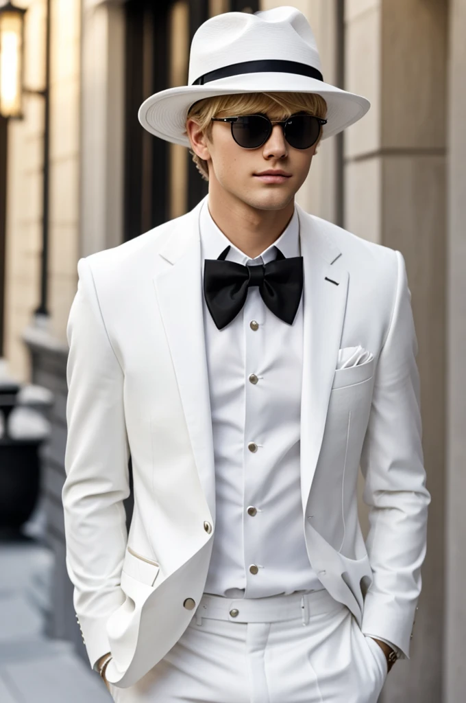 A blond boy with a white hat and dark glasses and an elegant white suit with a black bow 
