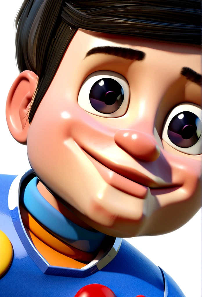 a happy and cute boy with short hair, wearing a space costume, , White background, the , tom, Pixar-style, ....3d, Cartoon s, face detailed, asymmetric 16k
