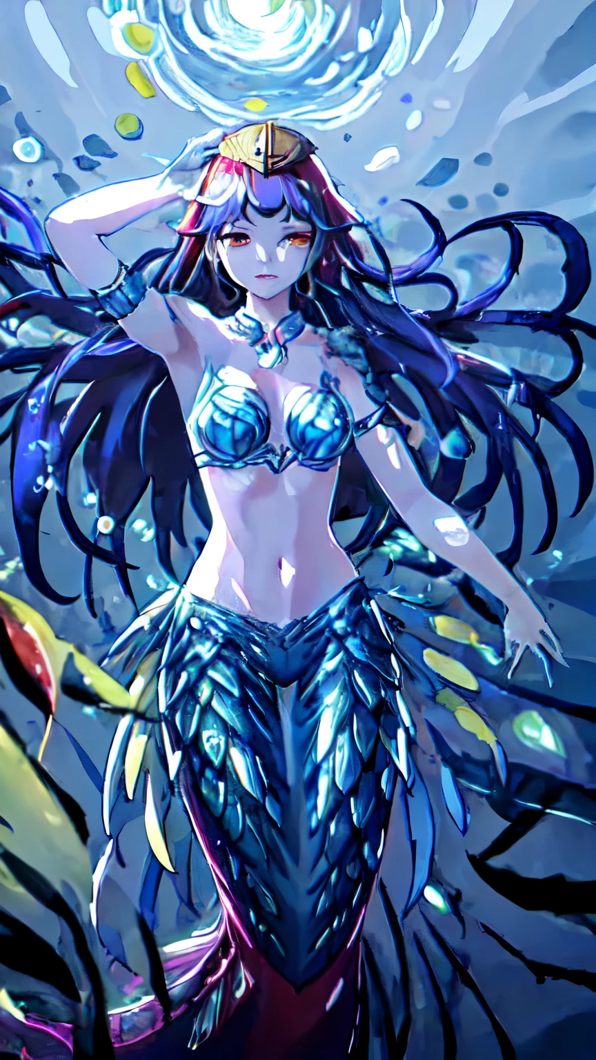 (illustration:1.8),(best quality),(masterpiece:1.5),masterpiece,extremely detailed CG unity 8k wallpaper),depth of field, mermaid, 1girl, solo, midriff, navel, armpits, bra, fins, gills, bracelet, armlet, necklace, pearls, choker, gold, jewelry, full body, hinanawi_tenshi_touhou, blue hair, sidelocks
