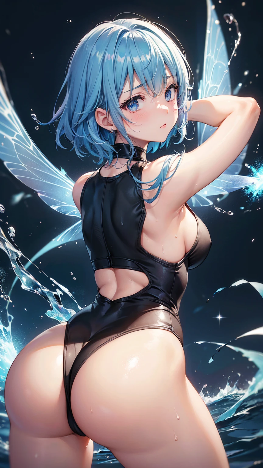 High resolution, Highest quality, super high quality, Ultra-detailed, Cinematic lighting、(四つん這いのButt:1.5)、squat、woman 、Wear a tight-fitting tank top、(The lower body is naked 1.5)、Exposing thighs、Bobcut、Blue Hair、Beautiful Skin、A fairy-like face、Embarrassing、Beautiful Eyes、Sweaty、Sweat、Butt、完璧なButt、