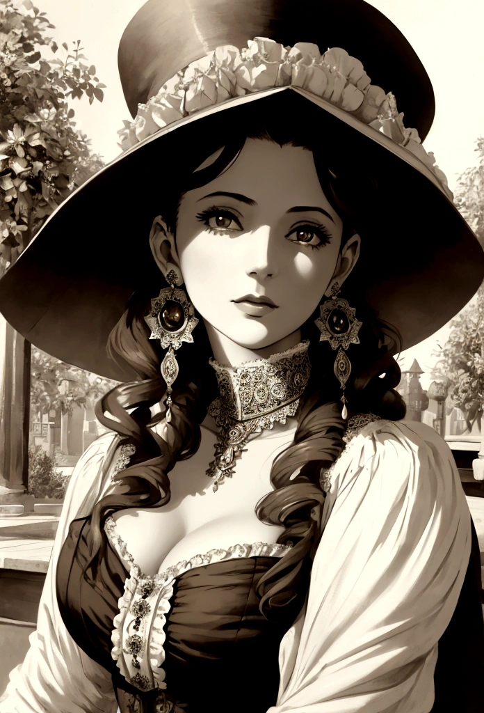 (Masterpiece) An insanely beautiful Victorian lady wearing a rich flowering over the top exaggerated hat, rich jewelry, big earrings, vintage sepia photography, outdoor photography, extremely inviting look, front look, looking at the camera, color