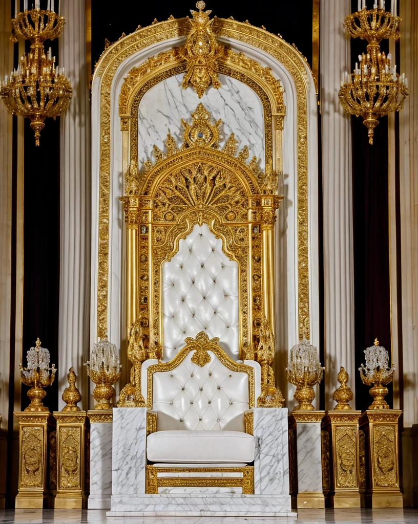 a majestic throne, ornate and grand, glimmering with gold accents, pristine white marble, intricate carved details, radiant light beams, dramatic lighting, regal, powerful, commanding presence, awe-inspiring, cinematic, epic, photorealistic, 8k, masterpiece, high quality