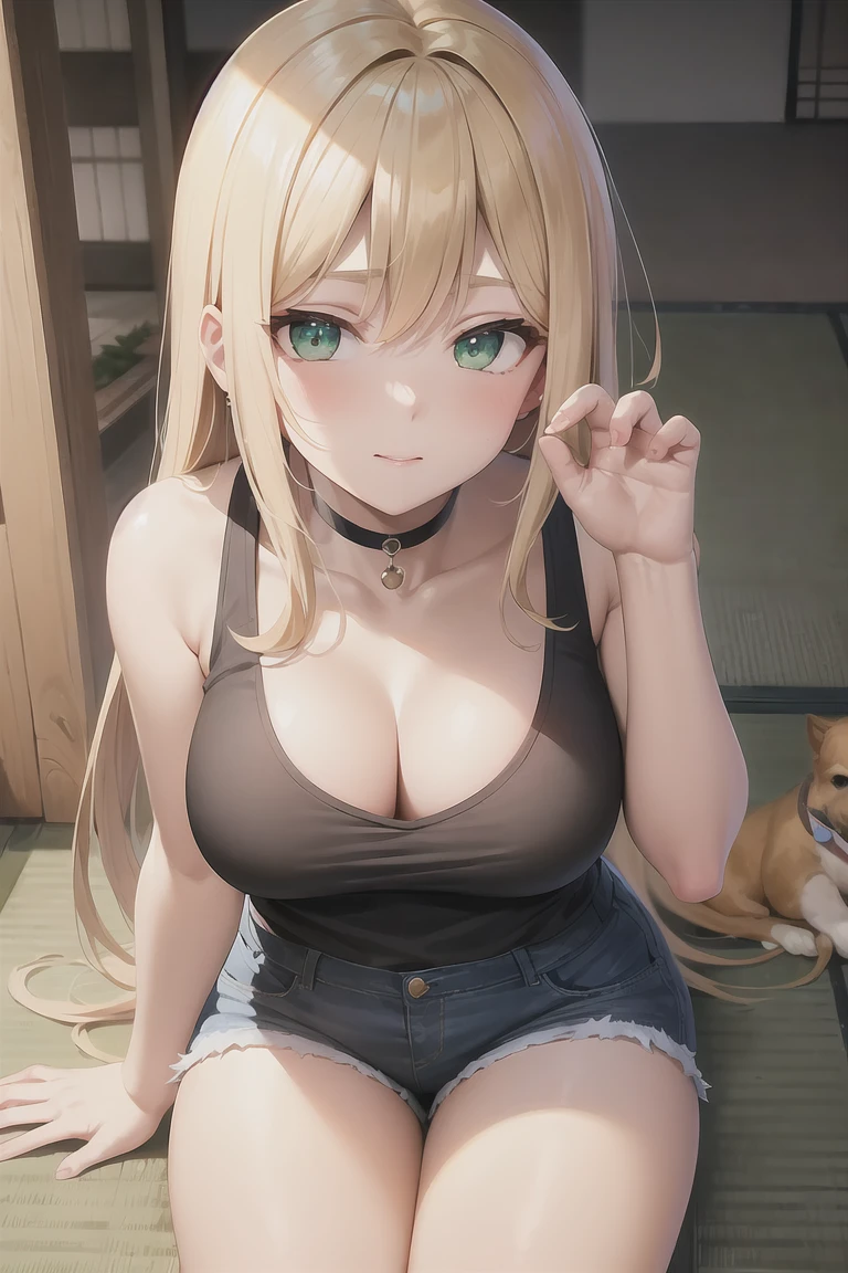 Masterpiece, best quality, Perfect lighting, Blonde Hair, choker, Green Eyes, Long Hair, White tank top, Denim shorts, Japanese ,blush, Have, break looking at viewer, break outdoors, Sexy pose, Dog Pose,