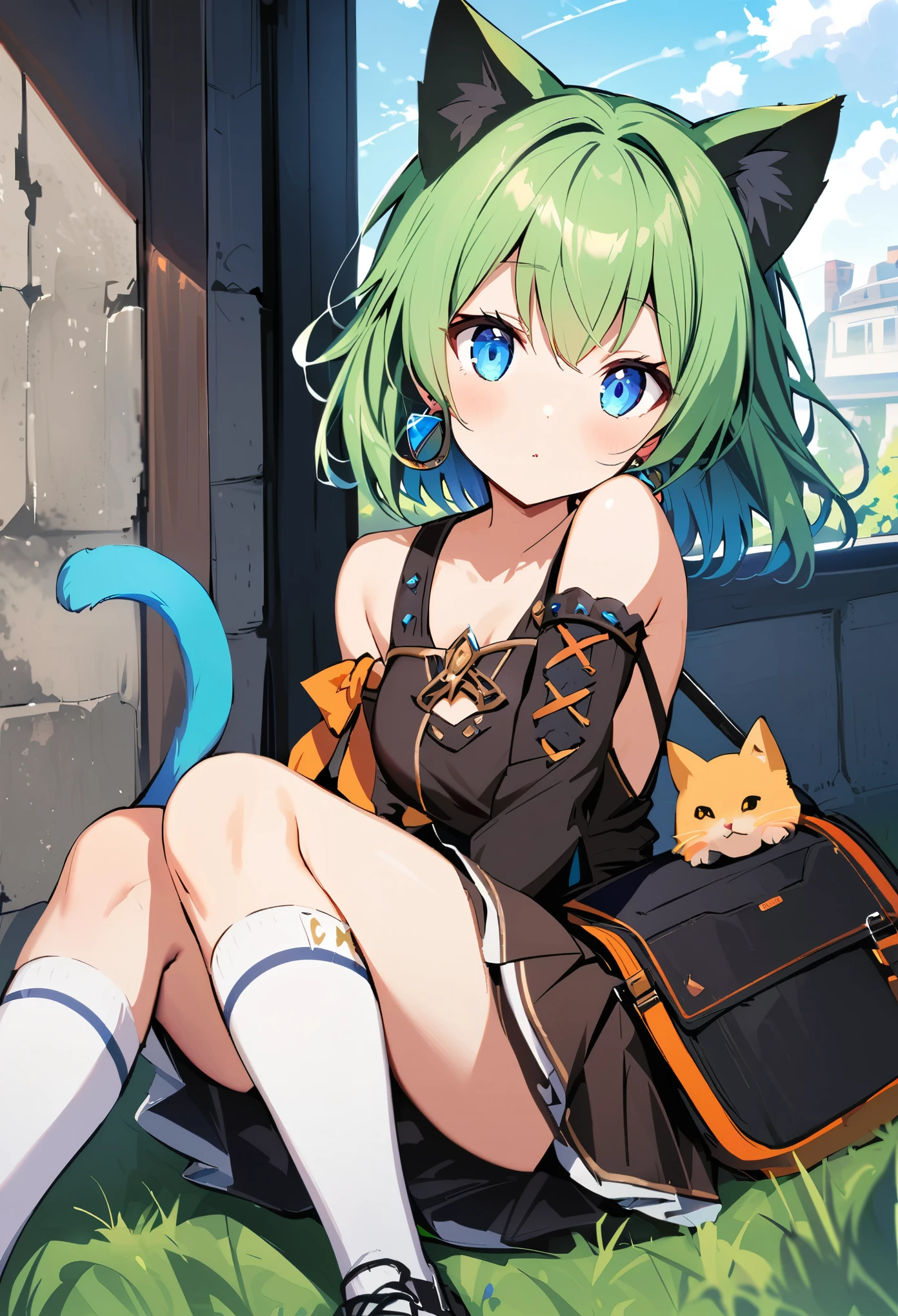 ,One girl,Deltamon_beta, alone, blue eyes, Knee socks, Animal ears, Bare shoulders, Blue Tail, Earrings,Removable sleeves, Green Hair, No sleeve, Cat ear, bag, white Knee socks, Cat&#39;s Tail,pink backpack,Pink school bag, Breaking, teeth, teeth focus, Camel Toe, From behind, Destroy the mimic chest, BREAK score_9, score_8_superior, score_7_superior, score_6_superior, score_5_superior, score_4_superior, anime, No correction, (high quality, detailed, beautiful), Shiny, detailed beautiful eyes, Extraordinary, Countershading, detailed soft lighting