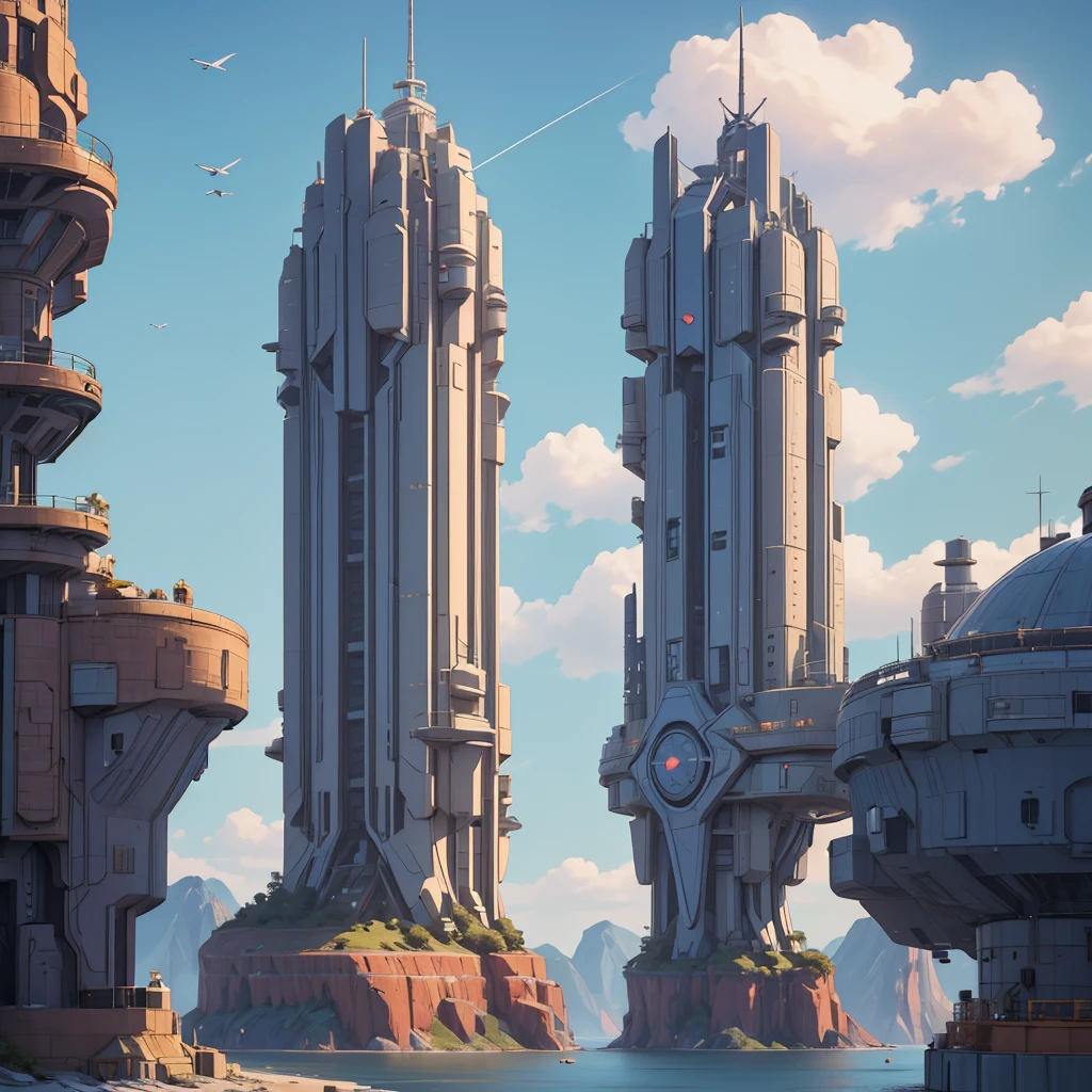 A spaceship lands on a platform at the top of a very tall futuristic building. Pilots around the ship and in the distance a gigantic futuristic city, in the middle of mountains and plains. Lots of vegetation and water. Birds flying and a blue sky with lots of clouds. Humid atmosphere and lots of sunlight. maximum quality, beautiful, master piece, Rendering, mil, high resolution realistic texture, filmic grain, cinematic