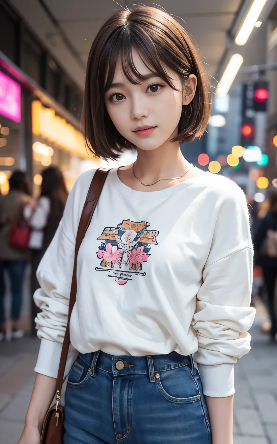 Cute 21 year old Japanese、shopping、Ultra-detailed facial features、Attention to detail、double eyelid、Beautiful and thin nose、Sharp Focus:1.2、beauty:1.4、(Light Brown Hair、Short Hair、)、Pure white skin、highest quality、masterpiece、超High resolution、(Photorealistic:1.4)、High resolution、Professional Lighting、nice smile、please show me your whole body、Casual pants、Colorful spring clothes、
