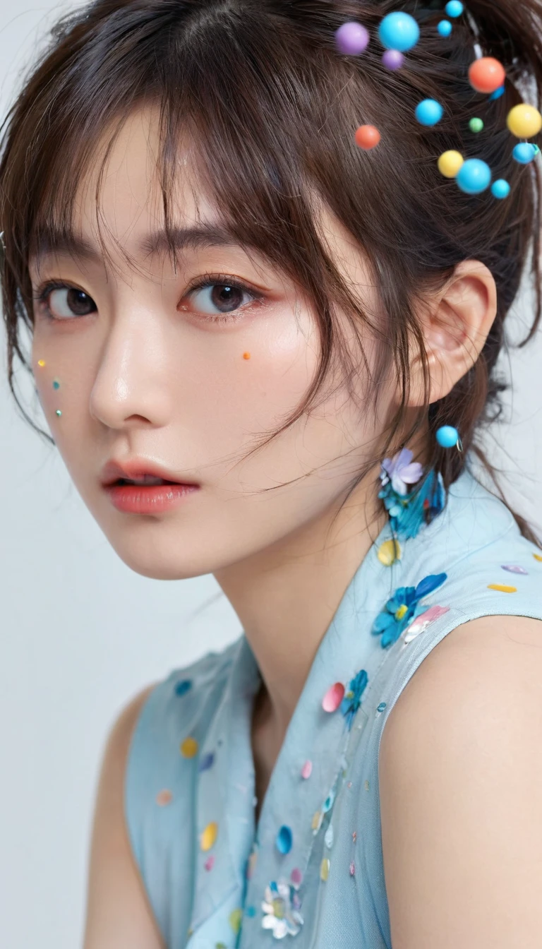 (masterpiece), (Highest quality), (Super detailed),(Disheveled Hair),(figure), (One girl), (NUDE), Are standing, Fashion Model, View your viewers, (interview), (Simple Background),Beautiful attention to detail, Delicate and beautiful face, floating,(High saturation),(Colorful splashes),Colorful Bubbles,(The Shining), Focus on the face, Short low ponytail, Black Hair, bangs, Hair Ring, Floating Flowers, Floating hair, (The Shining), Best lighting, Best Shadow,