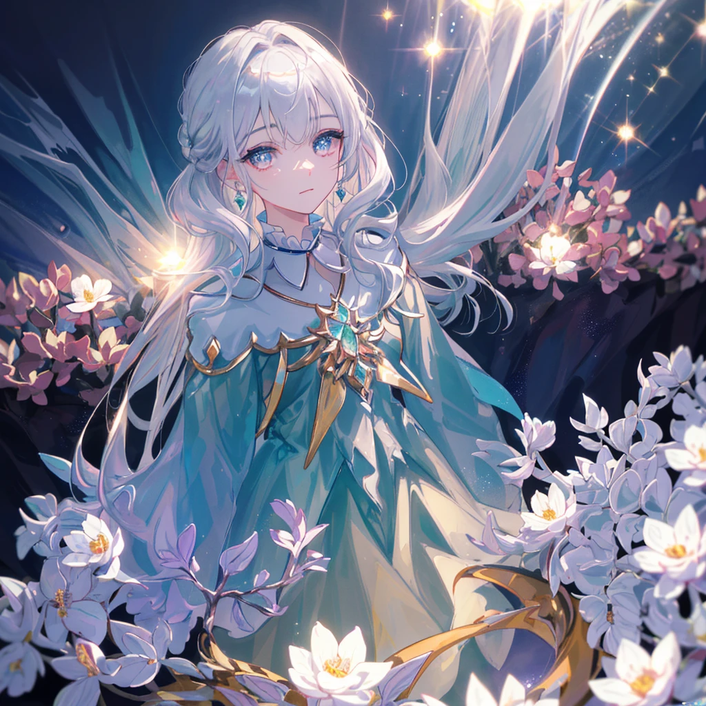 masterpiece, highest quality, figure, alexandrite eyes and hair, platinum earrings, Platinum Necklace, white dress, The Little Mermaid, cute, (dynamic lighting:1.2), cinematic lighting, delicate features, fine eyes, sharp pupils, realistic student, Depth of bounds written, Bokeh, sharp focus, (very detailed, bloom, shine:1.4), Many Small Gems