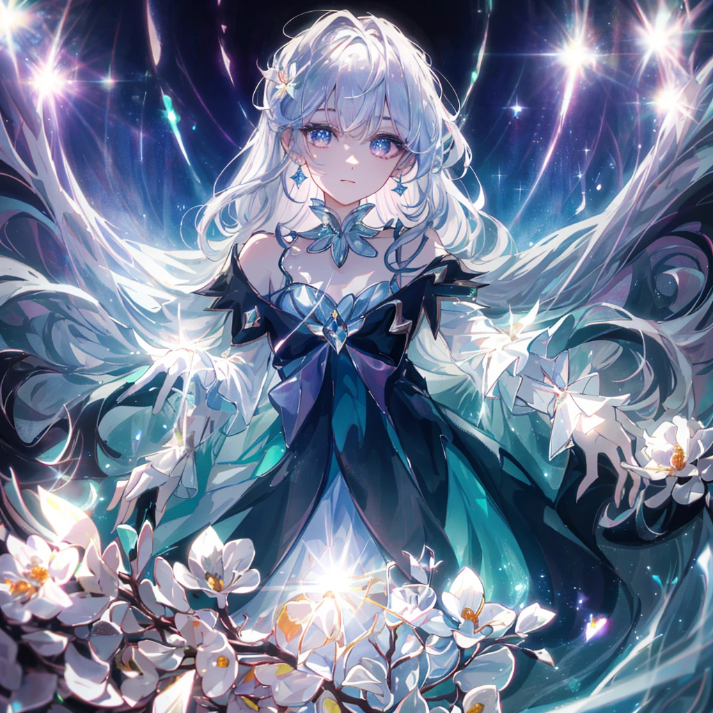 masterpiece, highest quality, figure, alexandrite eyes and hair, platinum earrings, Platinum Necklace, white dress, The Little Mermaid, cute, (dynamic lighting:1.2), cinematic lighting, delicate features, fine eyes, sharp pupils, realistic student, Depth of bounds written, Bokeh, sharp focus, (very detailed, bloom, shine:1.4), Many Small Gems