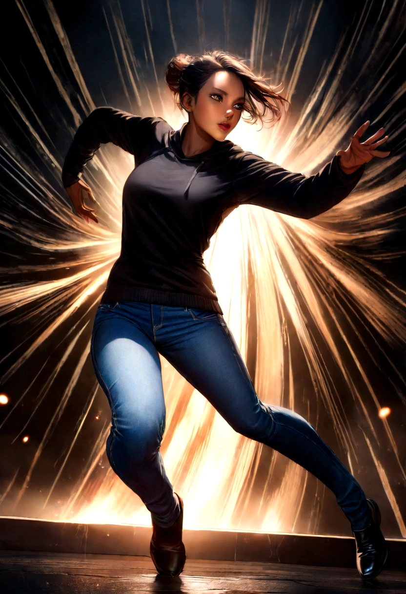ultra realistic photo, , full body, best quality, , black woman mixed , beautiful face, wearing jeans: 0.91 and black sweatshirt, realistic smooth skin, ultra realistic skin, dynamic lighting, on a street (dynamic pose:1.10), (good composition:1.10), (subtle lighting:1.10), (Awarded:1.10), ((breathtaking:1.10:1.35)) , ( πrim-work :1.10), (highly detailed skin:1.2), (filmic grain:0.04), particle effects, __Camera capture_Models/sigma__, NEWS TYPE, speed lines, (perfect handsome young face:1.10) , (Pink :1.10)