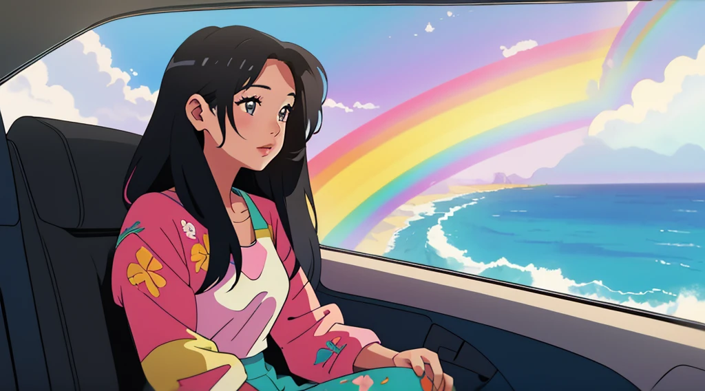 masterpiece, Highest quality, Rainbow Style, anime, Beautiful Asian Girl, Sitting in a car, Along the Hawaiian Coast, Cute and dreamy,anime,Illustrator,Lo-fi Girl, Blues,