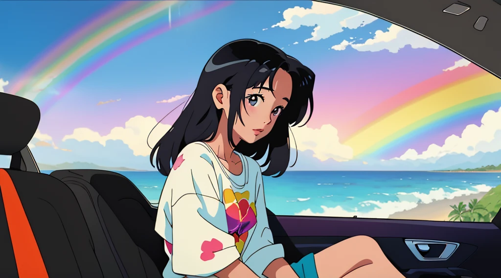 masterpiece, Highest quality, Rainbow Style, anime, Beautiful Asian Girl, Sitting in a car, Along the Hawaiian Coast, Cute and dreamy,anime,Illustrator,Lo-fi Girl, Blues,