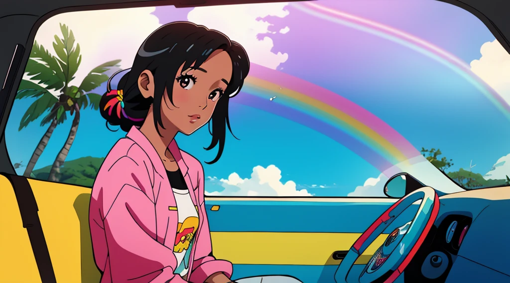 masterpiece, Highest quality, Rainbow Style, anime, Beautiful Asian Girl, Sitting in a car, Along the Hawaiian Coast, Cute and dreamy,anime,Illustrator,Lo-fi Girl, Blues,