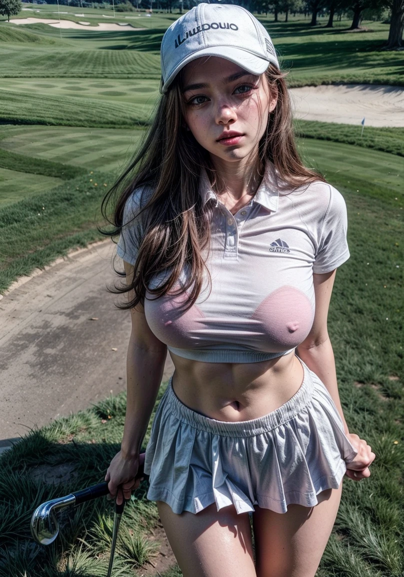 Beautiful European Instagram model,  24 years old, 170 cm tall, 60kg weight, White skin, light gray eyes, dark curly hair, Athletic build, (((maria-luv))), wearing pink polo, White skirt, Sport cap, , golf course, whole body, pulling on her nipples, whole body frame, Linda pose, by rubio