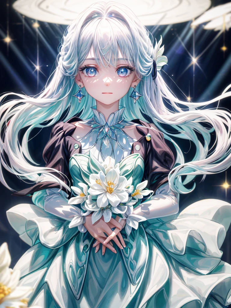 masterpiece, highest quality, figure, alexandrite eyes and hair, platinum earrings, Platinum Necklace, white dress, The Little Mermaid, cute, (dynamic lighting:1.2), cinematic lighting, delicate features, fine eyes, sharp pupils, realistic student, Depth of bounds written, Bokeh, sharp focus, (very detailed, bloom, shine:1.4), Many Small Gems