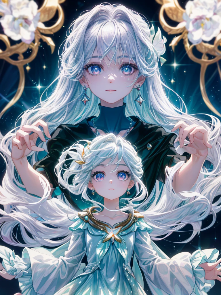 masterpiece, highest quality, figure, alexandrite eyes and hair, platinum earrings, Platinum Necklace, white dress, The Little Mermaid, cute, (dynamic lighting:1.2), cinematic lighting, delicate features, fine eyes, sharp pupils, realistic student, Depth of bounds written, Bokeh, sharp focus, (very detailed, bloom, shine:1.4), Many Small Gems